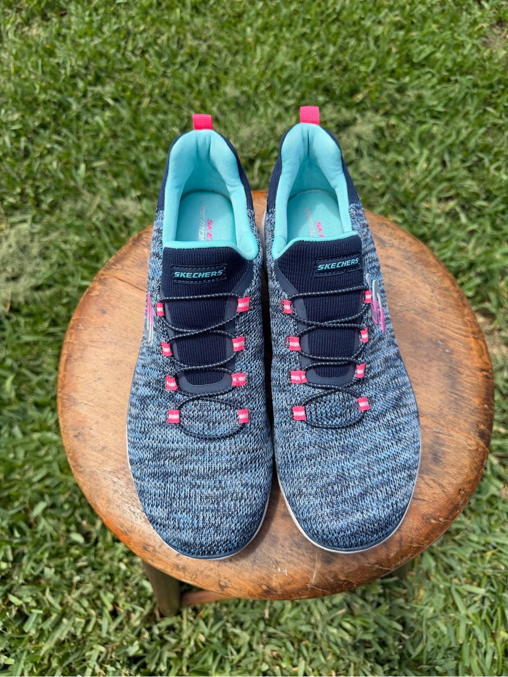 Skechers Slip-On Athletic Sneakers Navy Aqua & Pink Accents Size 11 Memory Foam
